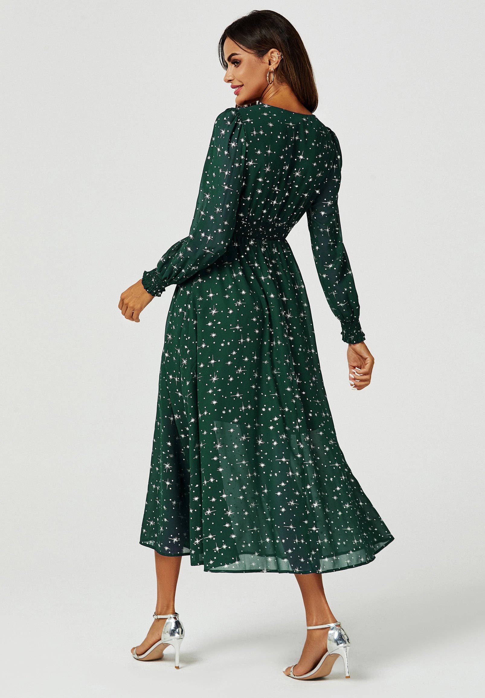 Silver Star Foil Long Sleeve Maxi Dress In Green for wholesale on Faire4