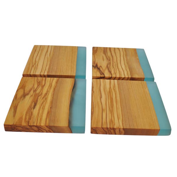 Naturally Med Inc. - Wholesale Coasters - Olive Wood Coasters with Blue Resin Edge - Set of 42
