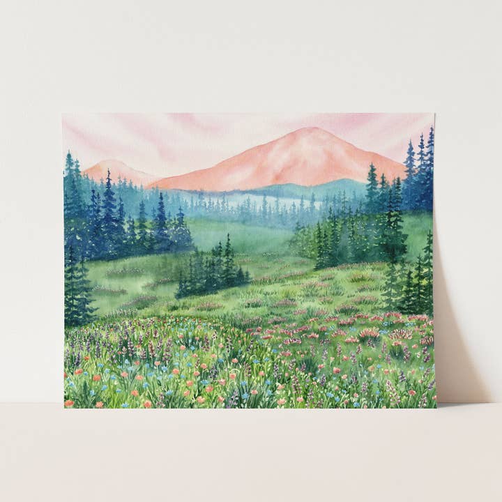 Wildflower Art Print | Watercolor Mountains and Meadow Scene for wholesale by Watercolor Wednesday