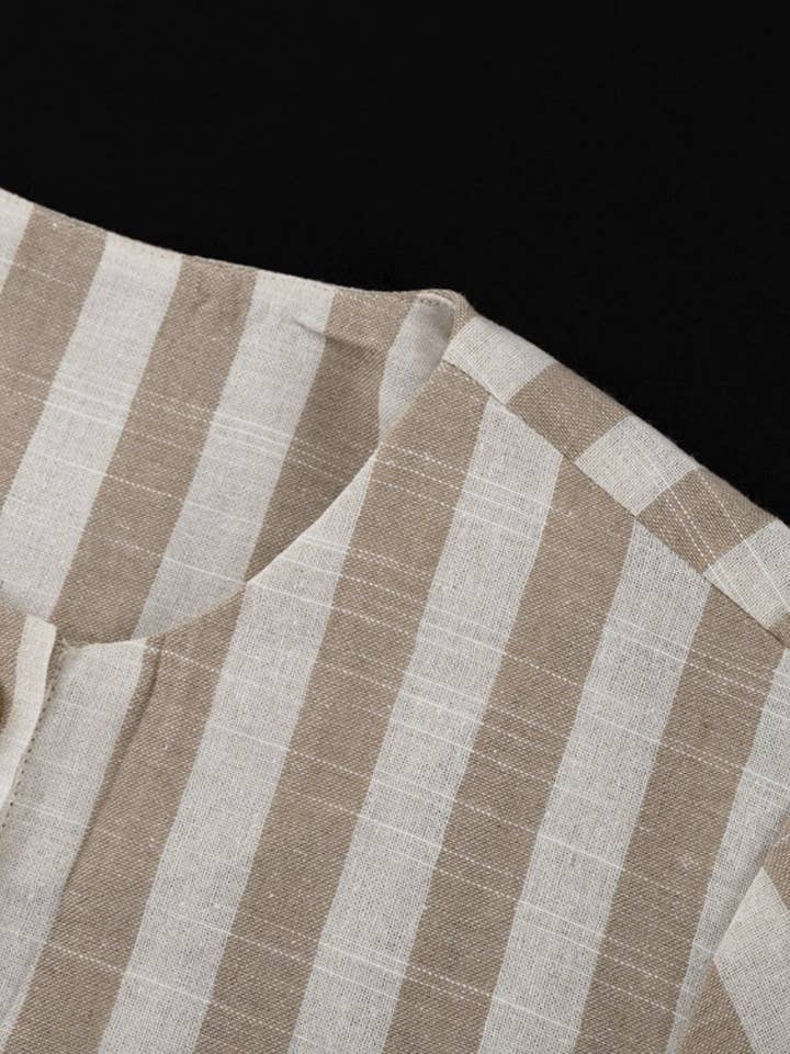 BEIGE Striped Buttoned Short Sleeve Top and Shorts Set for wholesale on Faire3