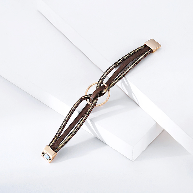 Pretty Persuasions - Wholesale Bangle Bracelet - B22096 Interlocked Ring PU Leather Wrap Bracelet6