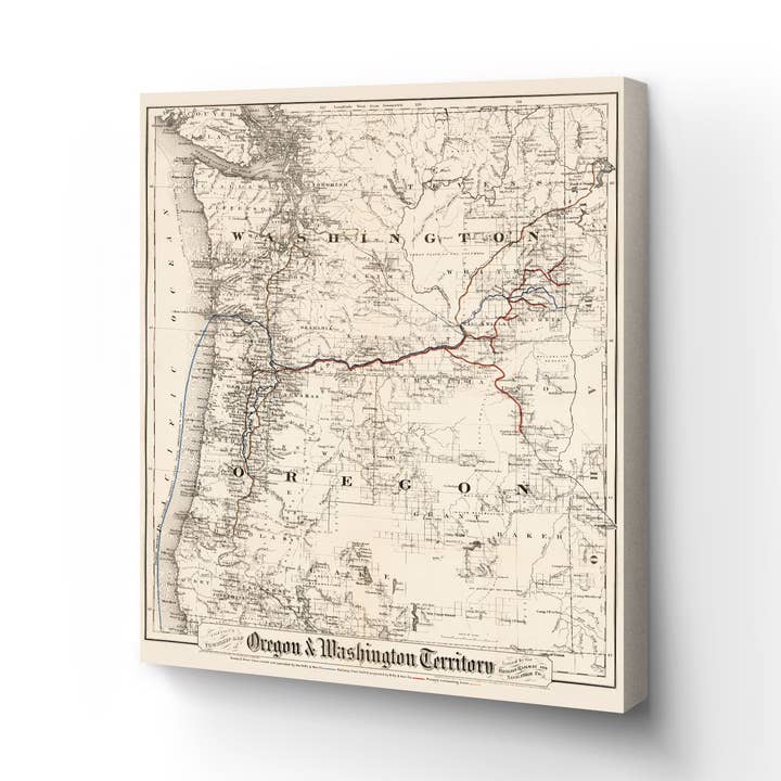 1880 Oregon and Washington Map - Canvas Wrap Vintage Oregon Map - Old Map of Oregon State - Oregon & Washington State Map Territory Wall Art Poster for wholesale by Historic Prints