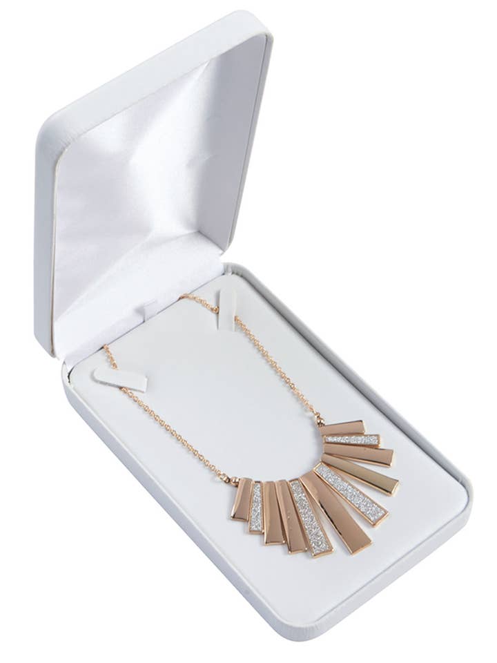 White Faux Leather Necklace Box - 4 1/4"L x 7"W x 1 1/2"H for wholesale by Store Supply Warehouse