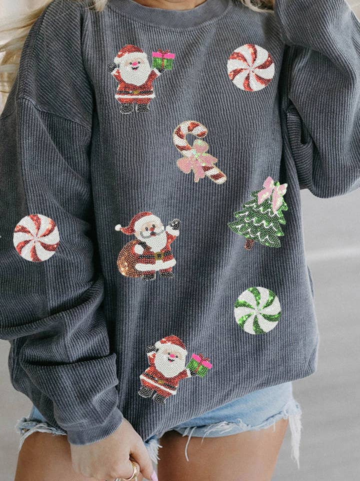 Gray Twisted Rib Christmas Santa Sequin Graphic Drop Shoulder Sweatshirt for wholesale on Faire