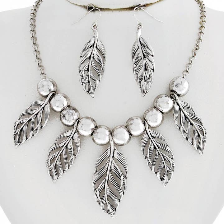FR4041 Antique Silver Leaf Bead Graduating Necklace Set for wholesale by 0011 PREMIERE