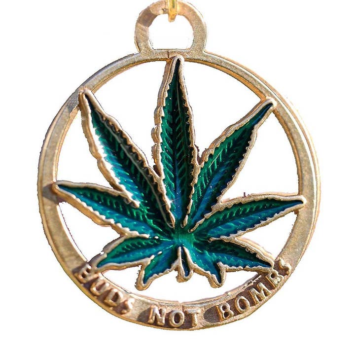 Buds Not Bombs O.G. Green Enamel Leaf Necklace on Adjustable Natural Fiber Cord for wholesale by From War to Peace