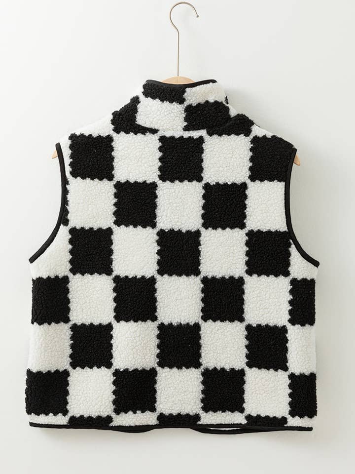 Threaded Pear - Wholesale Outerwear Vest - Women's - Mindi Checkered Sherpa Collared Jacket Vest9
