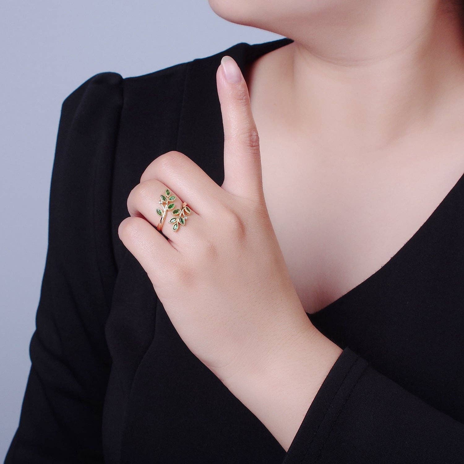 Aim Eternal - Wholesale Cocktail/Statement Ring - Gold Olive Leaf Ring Green Pave Olive Leaf Ring Adjustable Ring O-22102