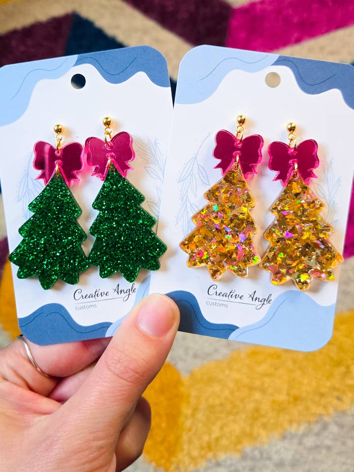 Christmas Tree Bow Earrings | Nickel Free Dangle for wholesale by Creative Angle Customs