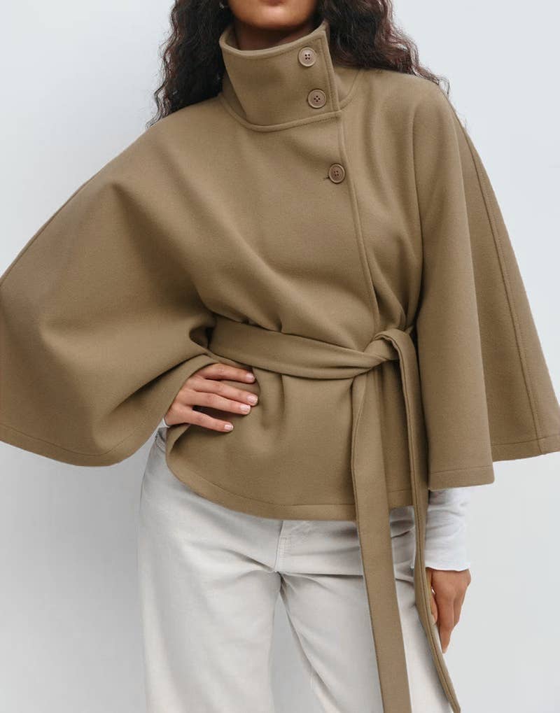 Rosa Clothing - Wholesale Jacket - Women's - Elegance Funnel neck Belt cape jacket0