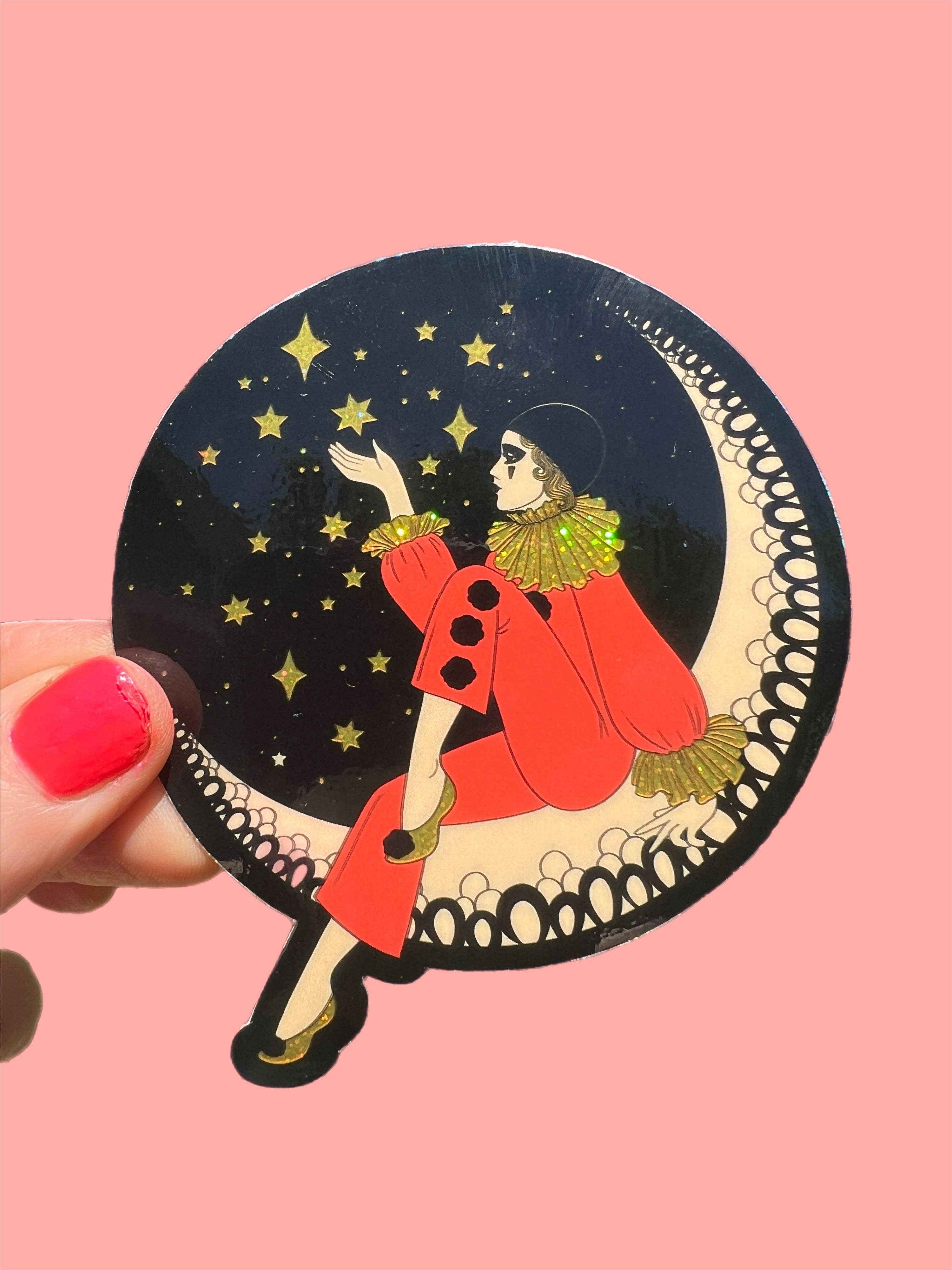 Astral Weekend - Venta al por mayor Pegatina - Pegatina de 3 pulgadas Pierrot Payaso en la Luna NEGRO Brillante2