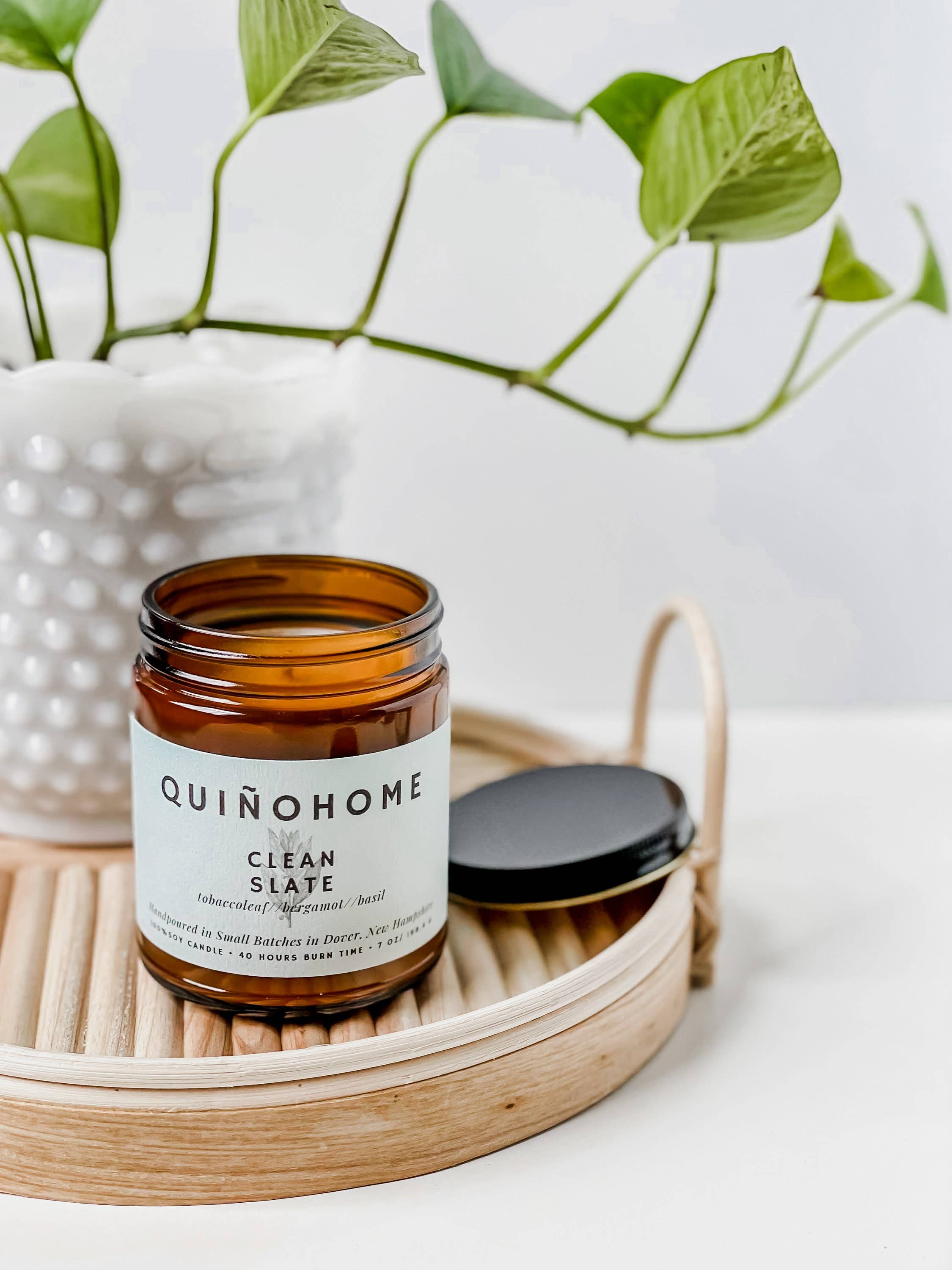 quiñohome - Wholesale Jar/Filled Candle - Clean Slate 7oz Soy Candle Jar// Tobacco Leaf, Bergamot, Basil// Hand Poured Soy Wax// Citrus Candle// Non Toxic Candle//Amber Jar Candle1
