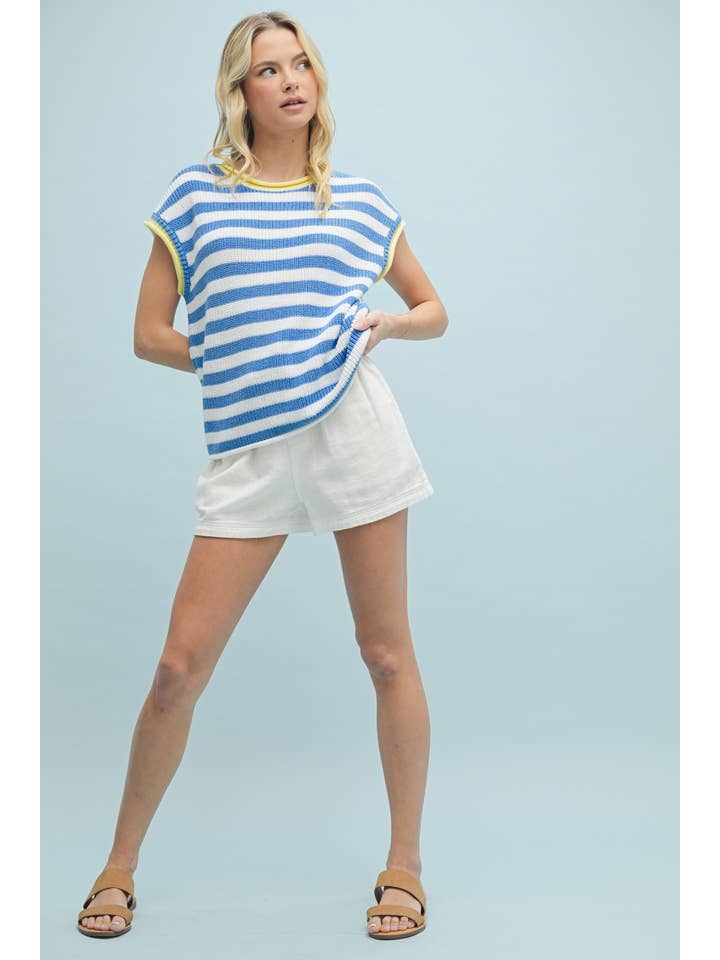 BLUE COMBO STRIPED CONTRAST SWEATER KNIT TOP / WL25-10271 for wholesale on Faire