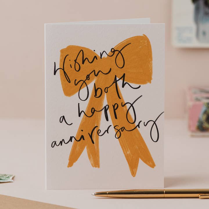 'Wishing you both a Happy Anniversary' Yellow Bow Card for wholesale by Oh Squirrel
