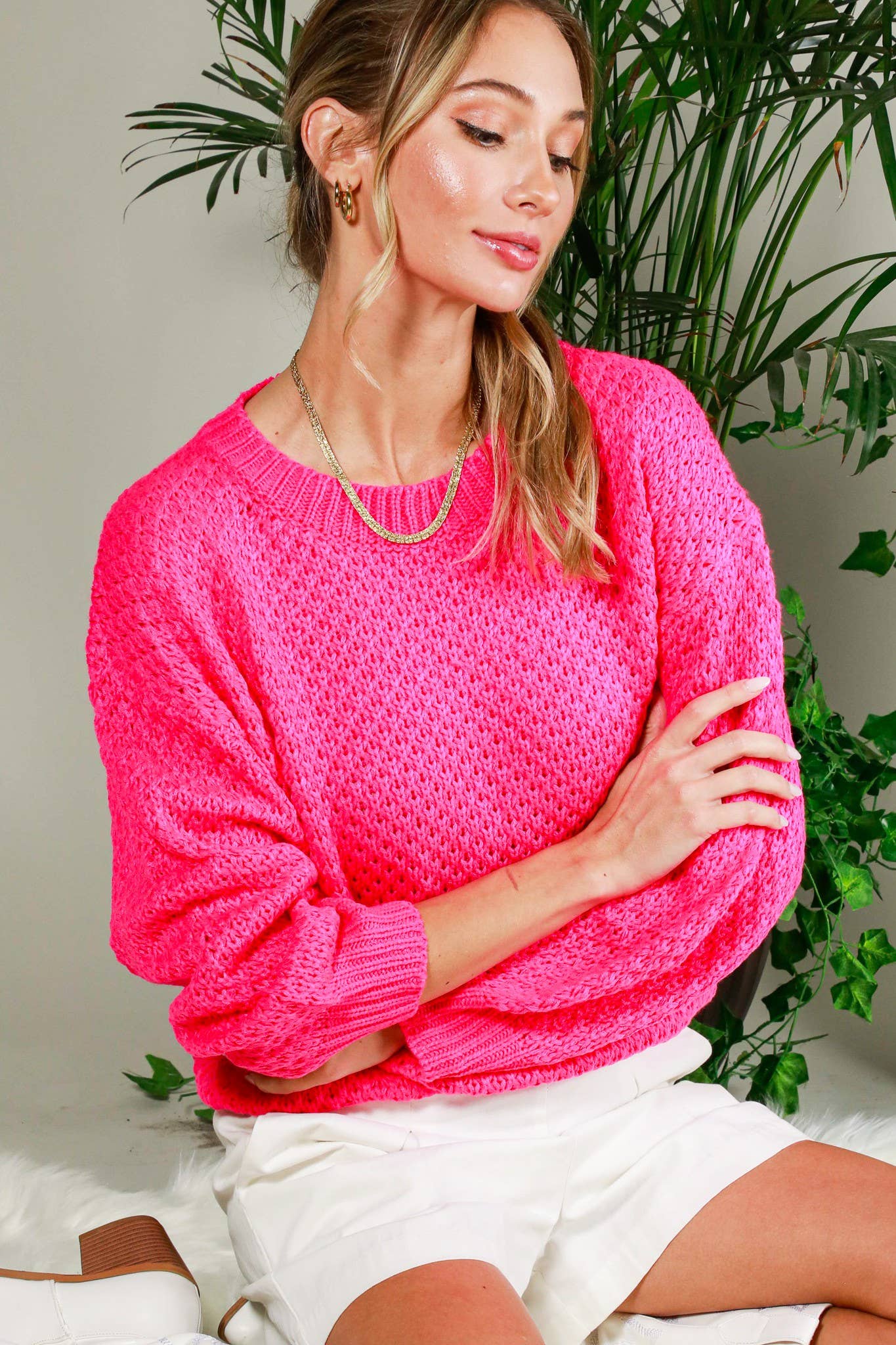 Vine & Love - Venta al por mayor Jersey de punto - Mujer - Suéter de punto gofre con cuello redondo y manga larga en forma de globo VT60523A6