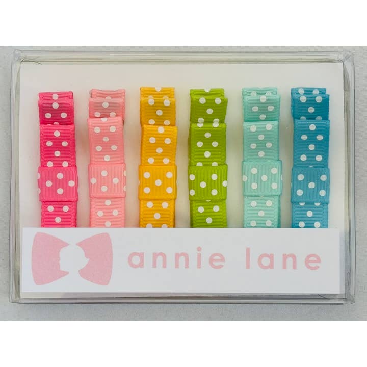 Box of 6 hair bows - bright polka dot for wholesale by Annie Lane