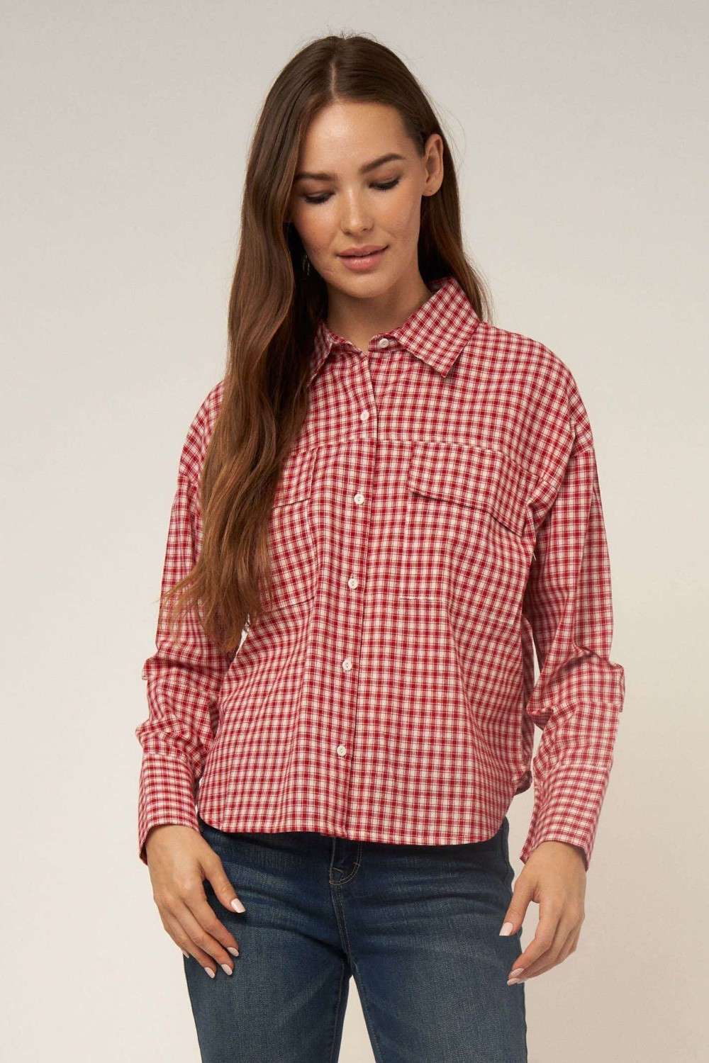 WINE SMALL GINGHAM BUTTON DOWN SHIRT for wholesale on Faire1
