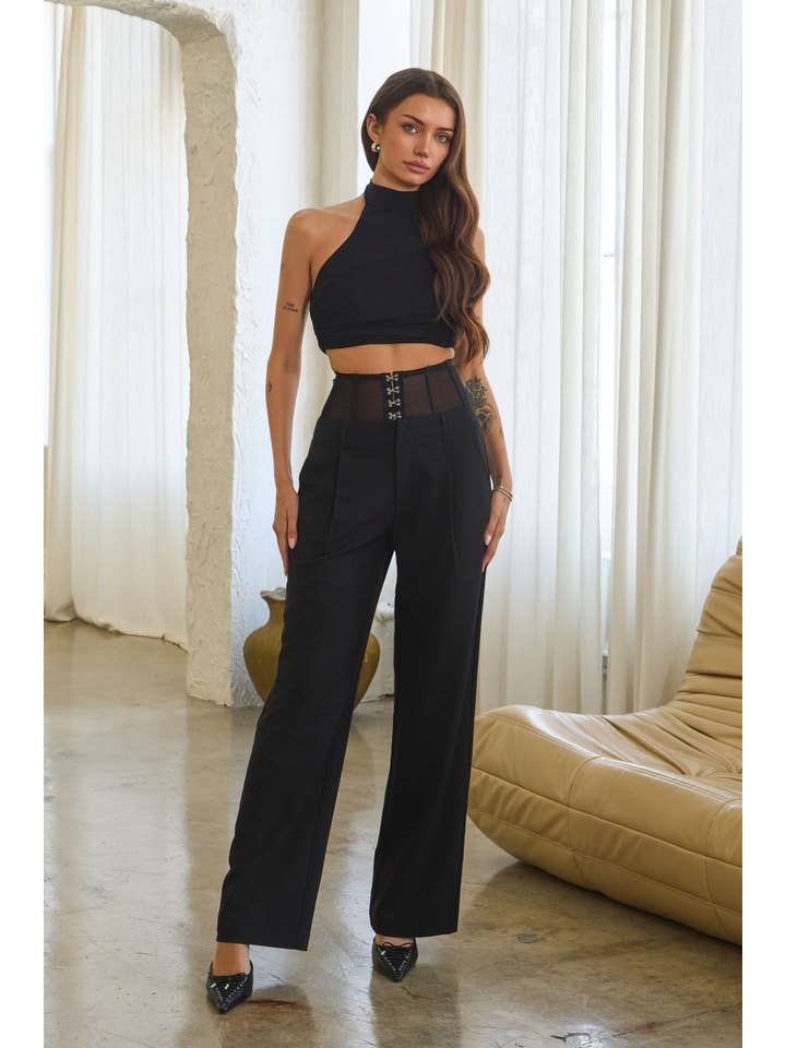 Black Mesh corset hook & eye wide leg woven slacks for wholesale on Faire5