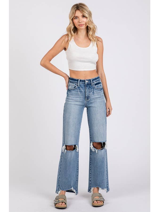 Petra153 - Wholesale Jeans - Women's - P1371W-MD HIGH RISE STRETCH SLIM WIDE LEG W/ DESTROYED HEM