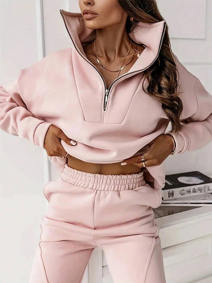 Half-Zipped Collar Sweatshirt Piping Pants Set for wholesale by Rosa Clothing