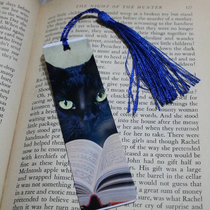 Black Cat reading a Book// Metal Bookmark for wholesale by Raven Design