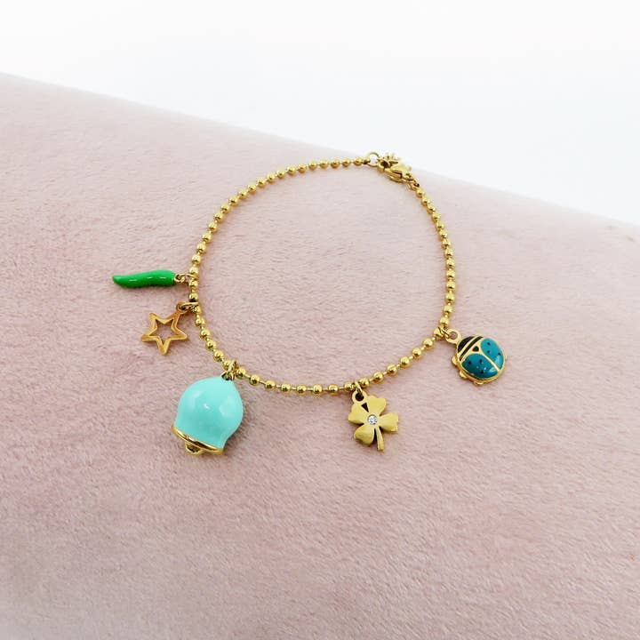 Daemon srls - Wholesale Charm/Dangle Bracelet - TINKERBELL LUCKY ~ Bracciale ACCIAIO INOSSIDABILE con campanella e charms portafortuna