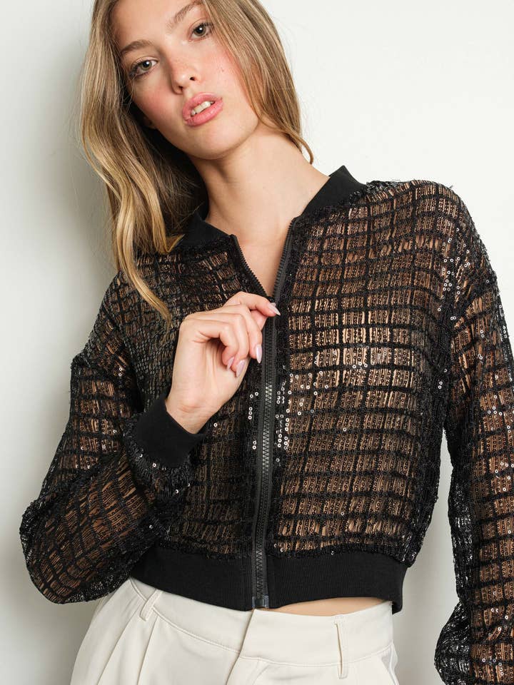KIWI - Wholesale Jacket - Women's - IJ2851 Zip Up Long Sleeve Sequin Lace Jacket0