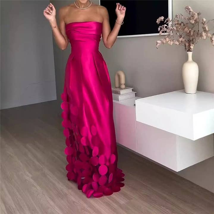 ROSE RED Satin Strapless High-Waist Evening Dress With Circular Skirt for wholesale on Faire