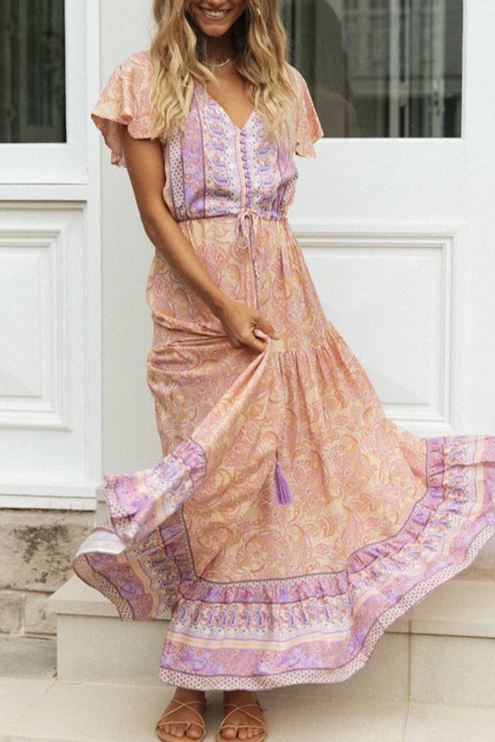 Rosa Clothing - Wholesale Dress - Women's - Bohemia Border Print Flutter Sleeve Maxi Dress13