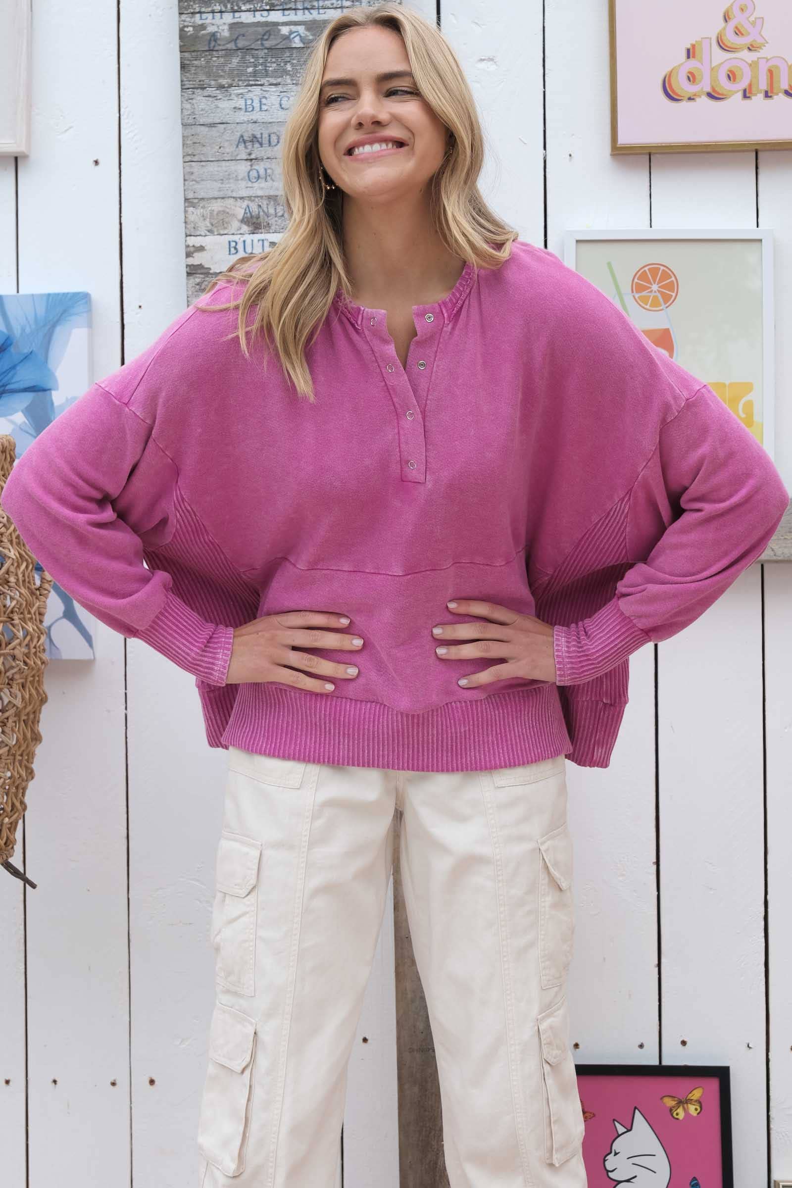 Magenta Plus Garment-dyed oversized top with a front pocket-PLT9681 for wholesale on Faire1