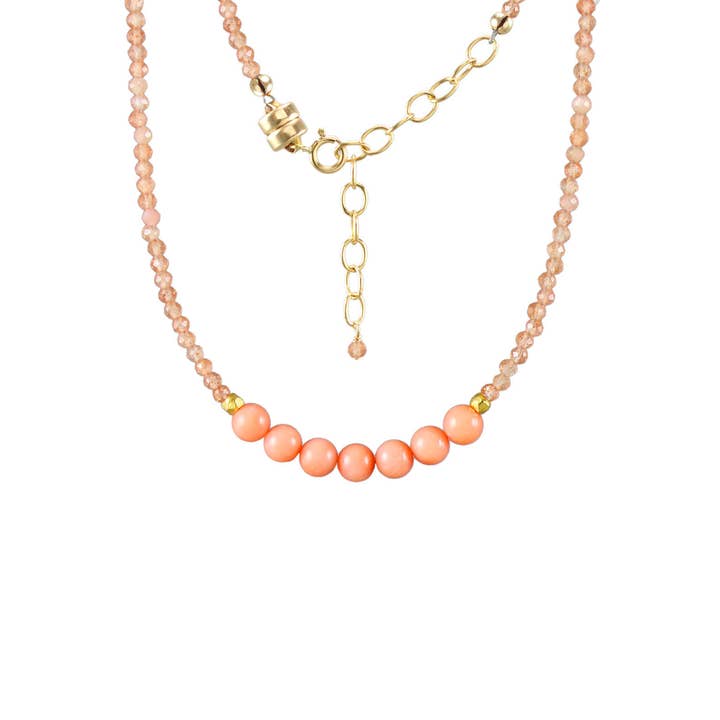 N-4017 SUNSTONE, PEACH CORAL 7 STONES NECKLACE for wholesale by Alicia Van Fleteren Jewelry Design