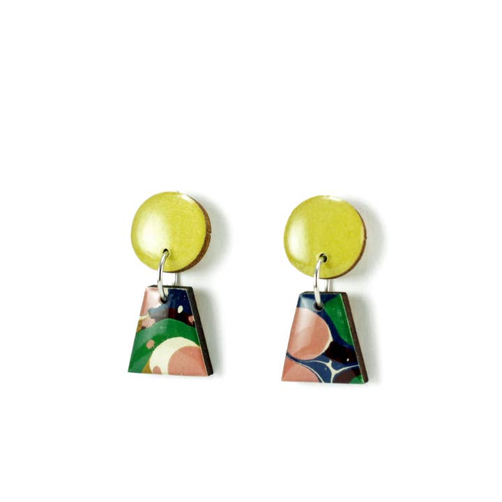 Mustard yellow and navy marble small dangle earrings for wholesale by autumn + tree