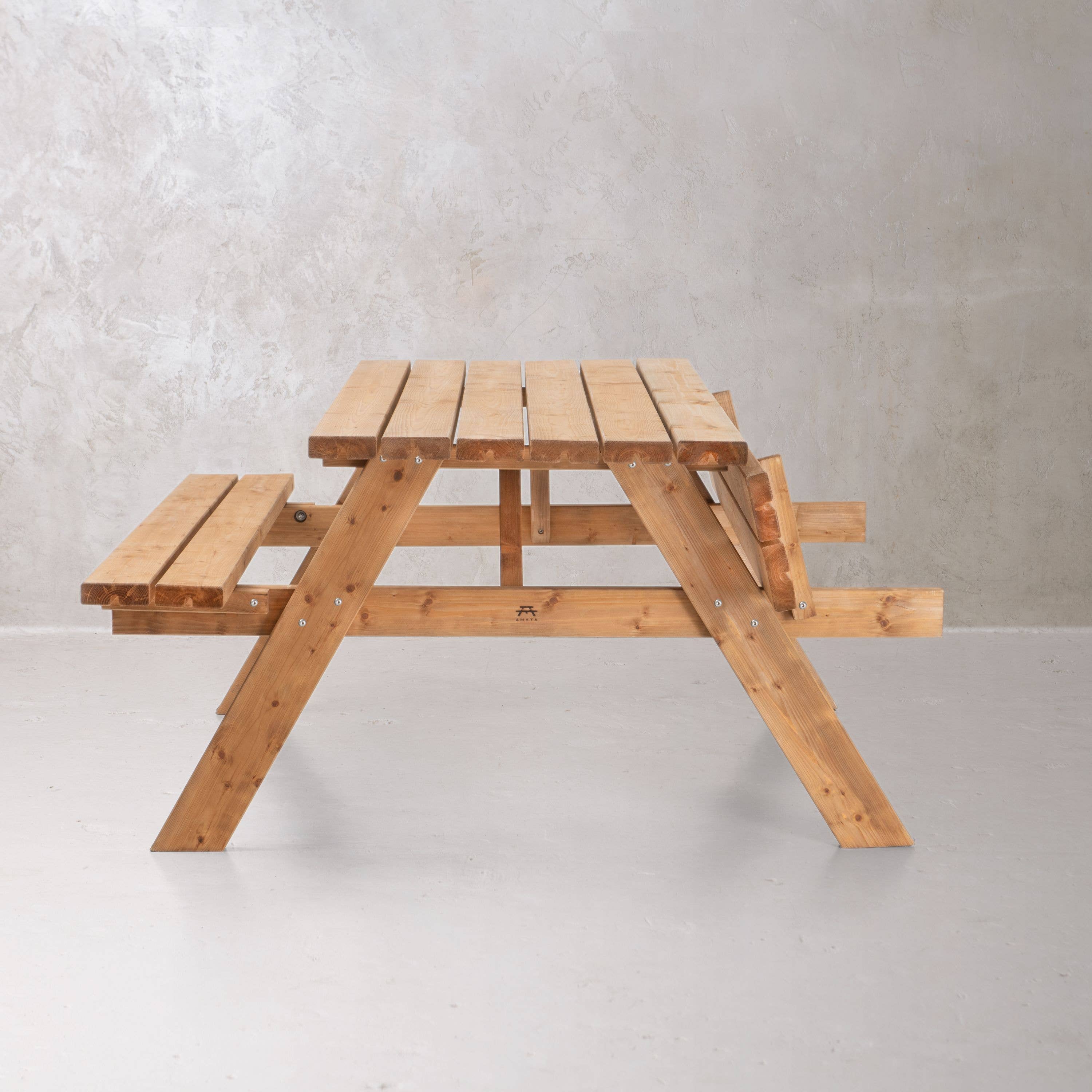 AMATA - Vendita all'ingrosso Tavoli da patio - Set da picnic in legno marrone a forma di A con tavolo e panchine2