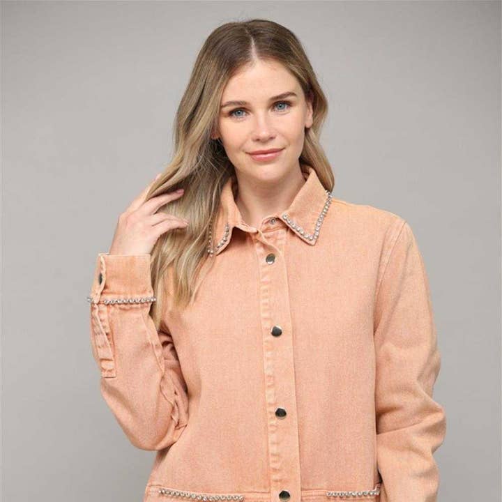 FJ9247- Sobrecamisa de ganga com botões e joias em algodão por atacado de IWT Brands