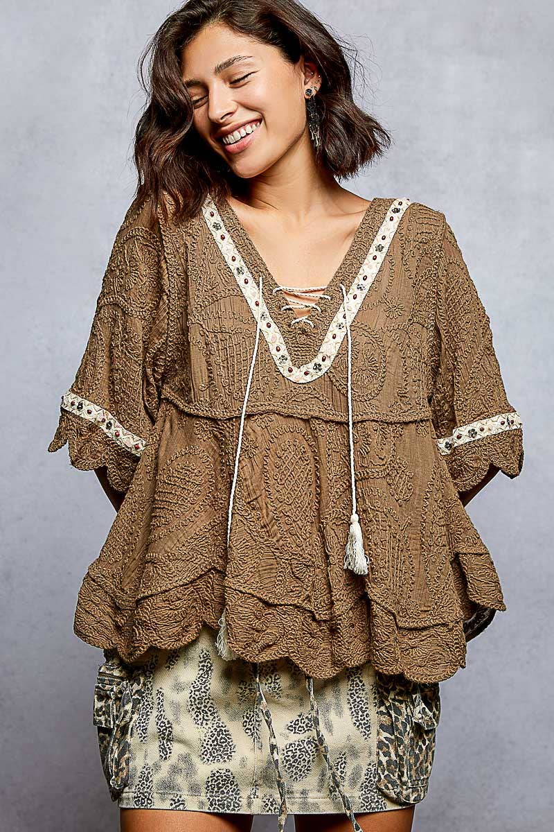 Pol Clothing - Wholesale Blouse - Women's - Short Sleeve Adjustable Drawstring Crochet V Neck Top10