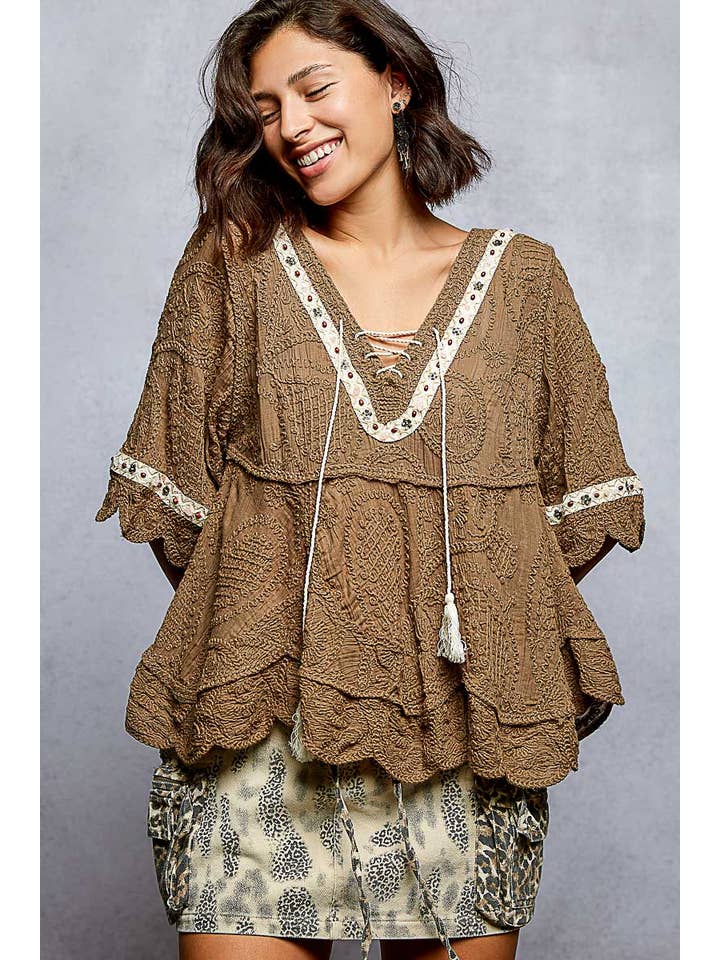 Pol Clothing - Wholesale Blouse - Women's - Short Sleeve Adjustable Drawstring Crochet V Neck Top10