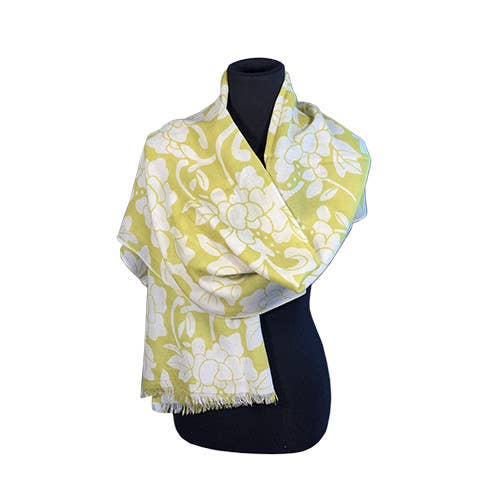 Shawl, Printed Merino Wool, Green and White Flowers SLK131 for wholesale by World Treasure Trading