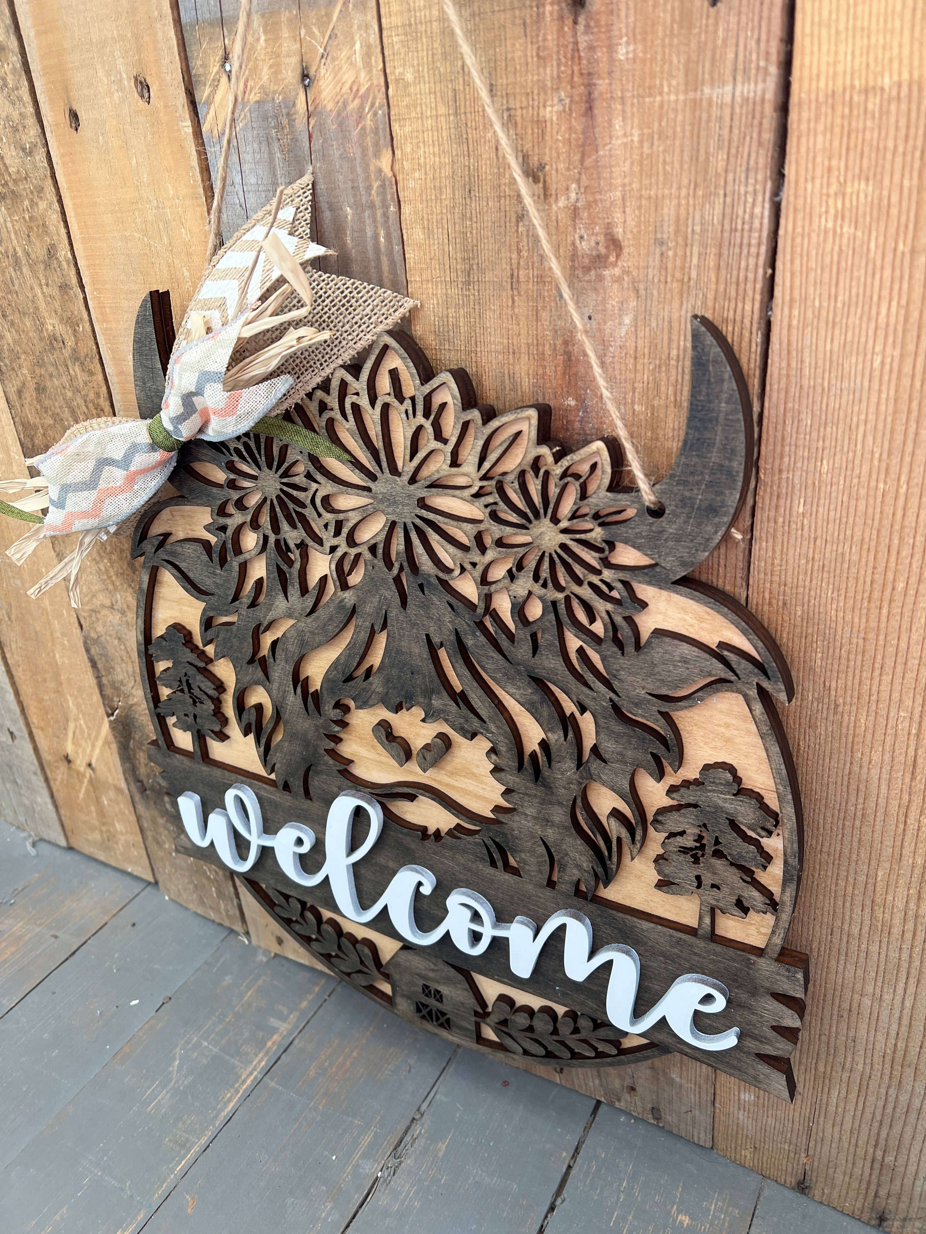 Rustic Home Co LLC - Wholesale Door Hanger - Sign,Highland Cow Welcome Door-hanger, diy craft1