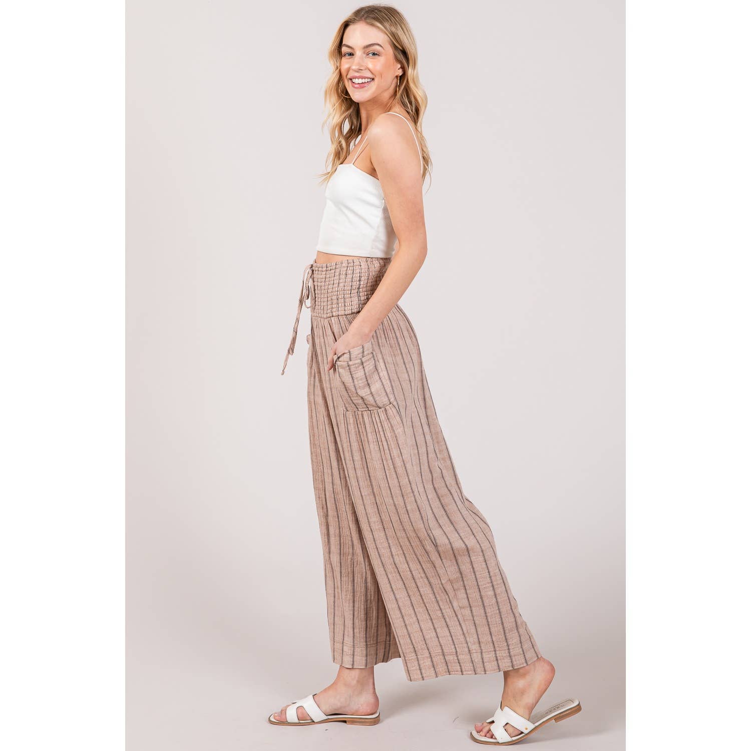 Sage + Fig - Wholesale Pants - Women's - STRIPED SMOCKED BOHO COTTON GAUZE PANTS (SP7105-A)8