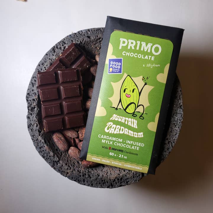 CARDAMOM + COCONUT MILK CHOCOLATE for wholesale by PRIMO BOTANICA CHOCOLATE
