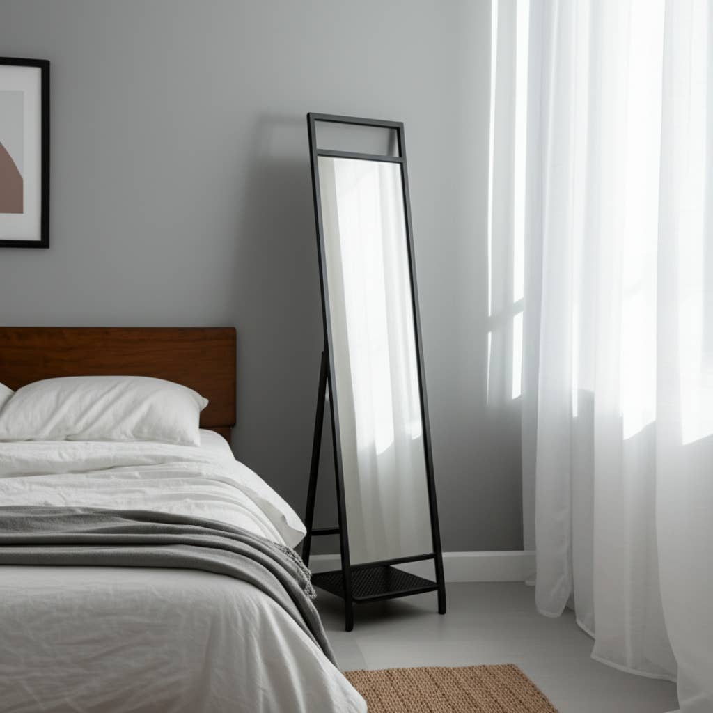 Sagebrook Home - Wholesale Floor Mirror - Floor Mirror - Black Metal Freestanding with Shelf, 63 in.1