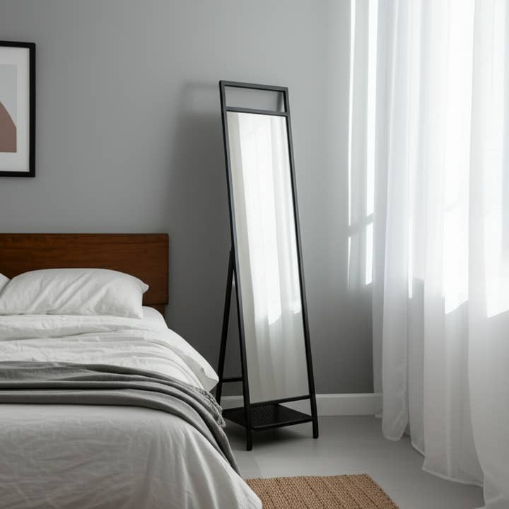 Sagebrook Home - Wholesale Floor Mirror - Floor Mirror - Black Metal Freestanding with Shelf, 63 in.1