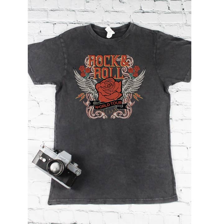 ROCK N ROLL VINTAGE GRAPHIC MINERAL WASHED TEE for wholesale by nobarand