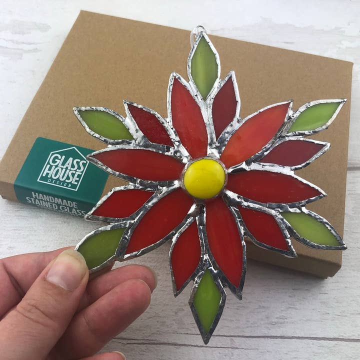 GlassHouse Design - Wholesale Ornament - Poinsettia Christmas Ornament- Stained Glass Window Decoration4
