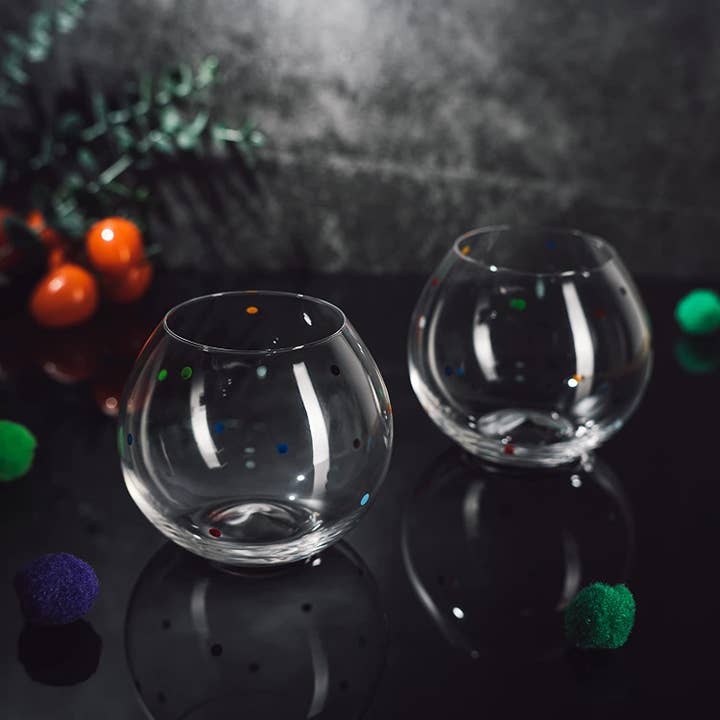 The Wine Savant / Khen Glassware - Wholesale Wine Glass - Polka Dot Set of 2 Stemless Bubble Wine Glasses 16 oz