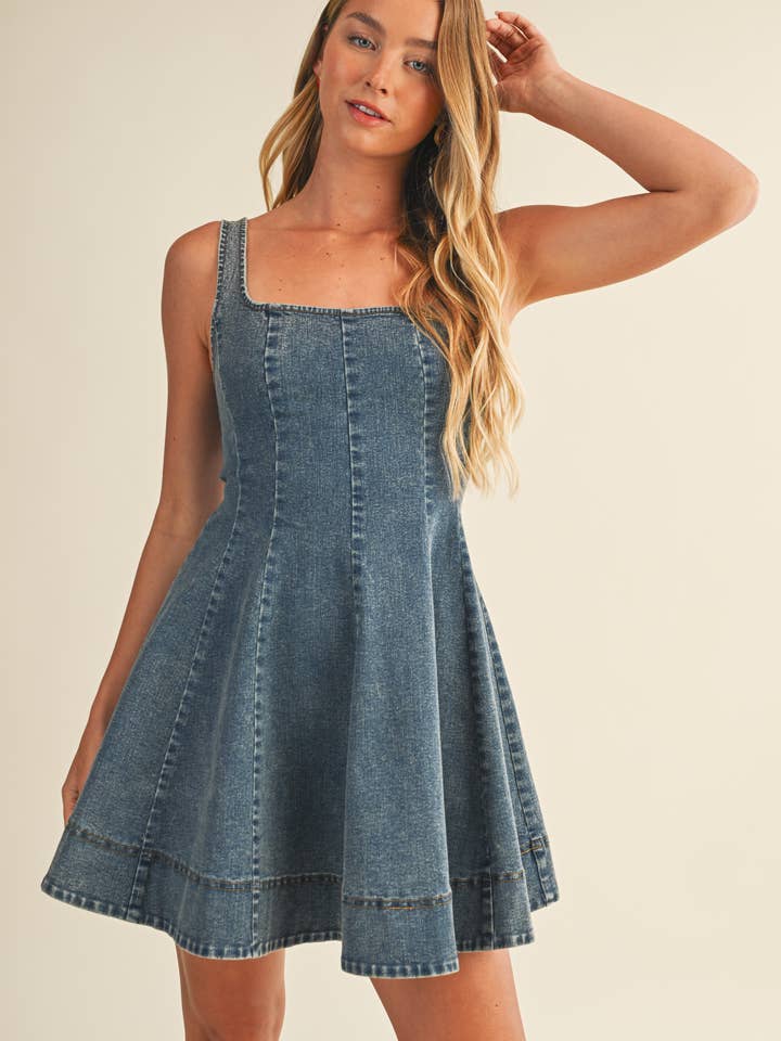 FLARE SEAMED SLEEVELESS DENIM DRESS for wholesale by Mustard Seed