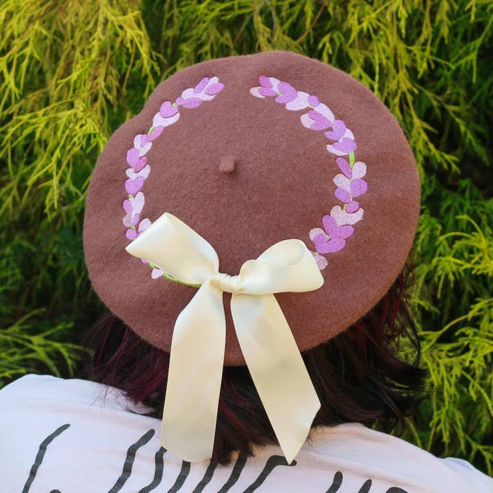Lavender Sprigs Embroidered Beret! for wholesale by Clammy Heart