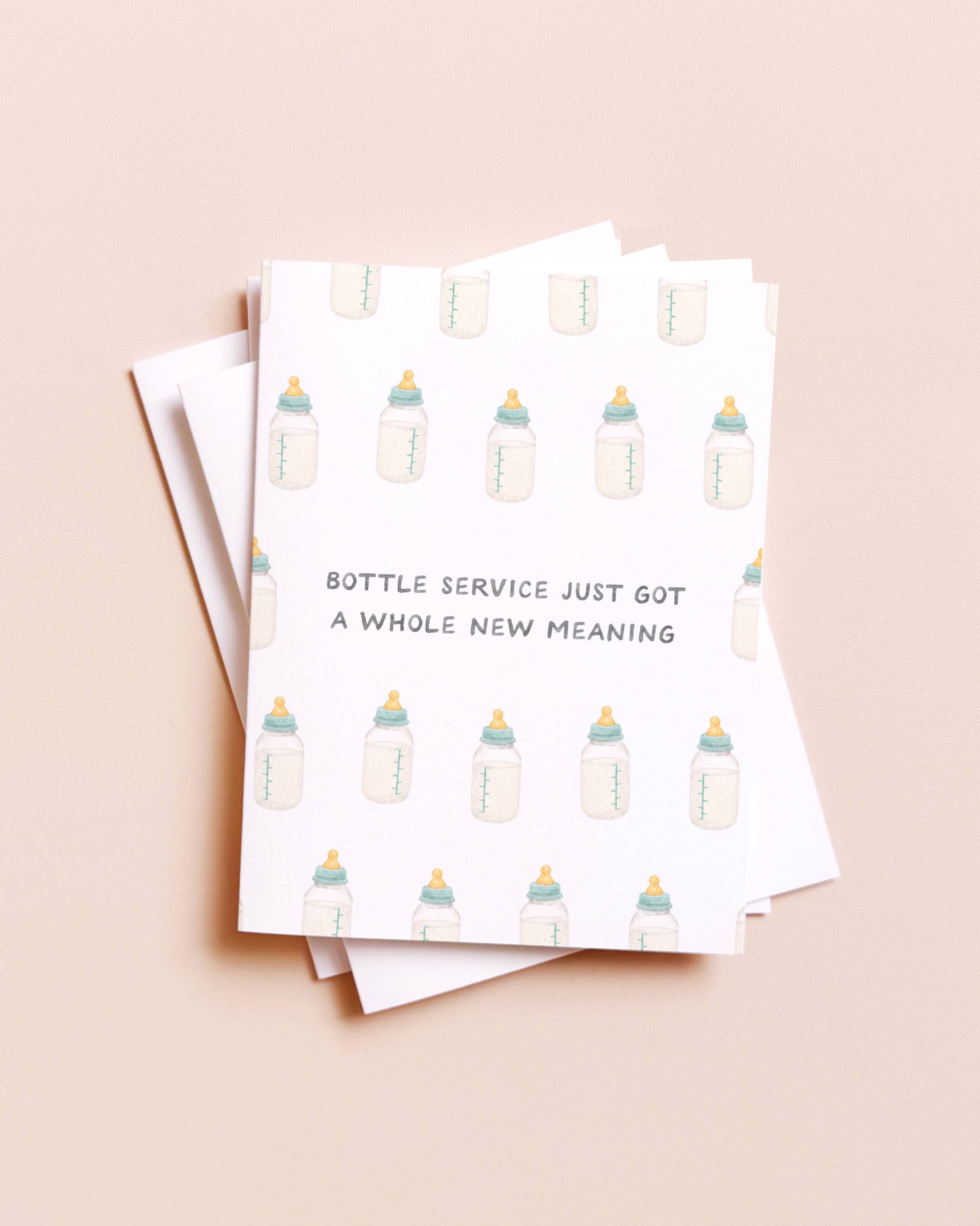 Amy Zhang - Wholesale Baby Card - Bottle Service — Funny Drink Pun New Baby Card