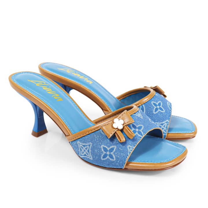 DANA-1 OPEN TOE PRINT MULE KITTEN HEEL DENIM for wholesale on Faire2