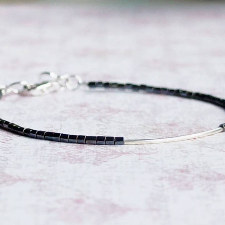Metallic Black Seed Beads And Sterling Silver Bar Bracelet for wholesale by Sentimento